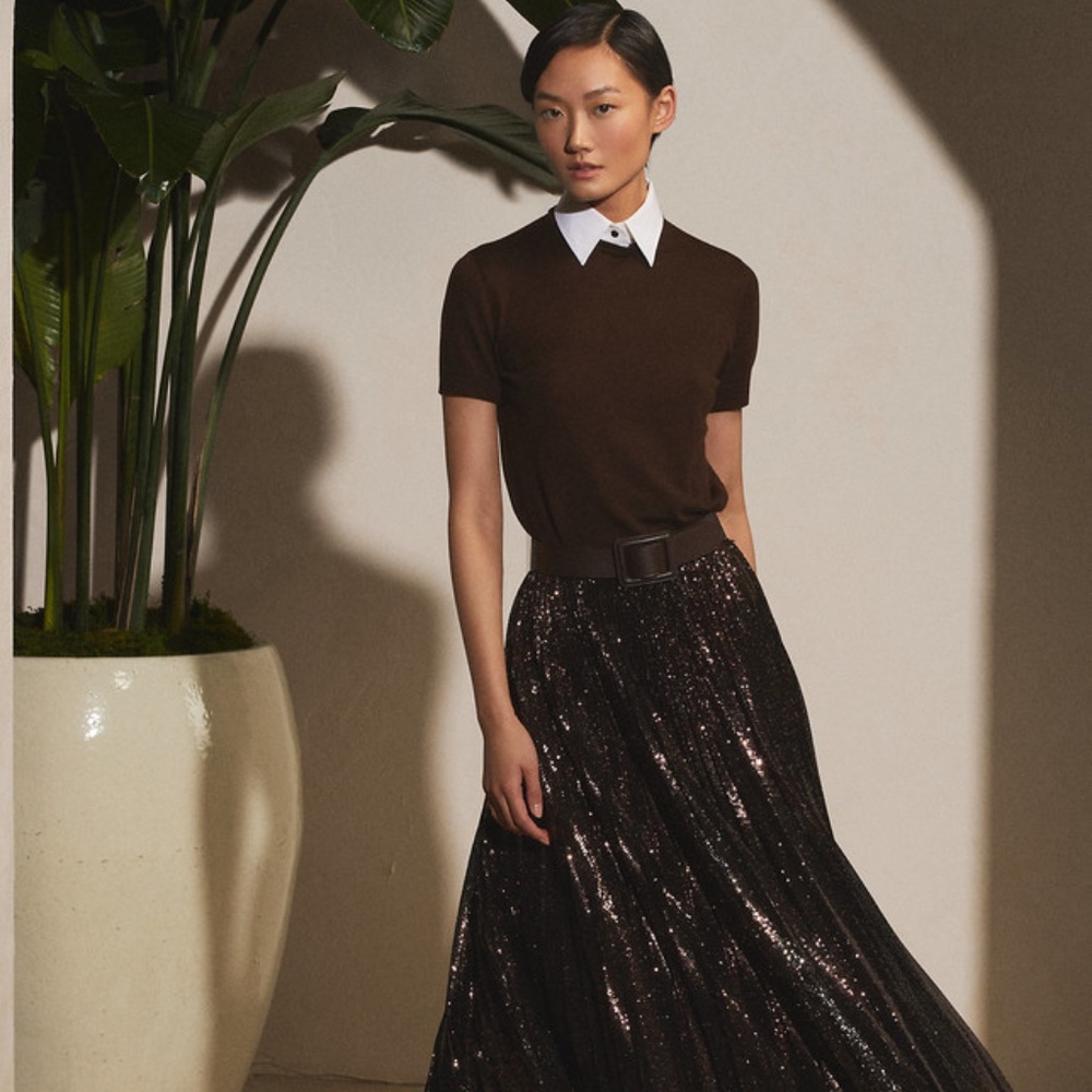 LUXE RLCollection Brown Pleated Sequin Skirt